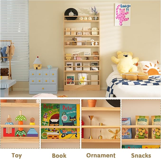 Baveke Kids Bookshelf, 6 Tier Shelves Behind The Door Book Shelf Storage, Children's Solid Wood Bookcase, Wall Mount Bookshelf for Bedroom, Living Room, Nursery（（FSC-Certified Wood））