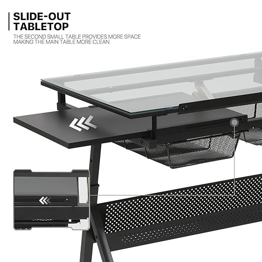 MoNiBloom Adjustable Height Drafting Table with Stool, Modern Style, Tough Glass Top, 28-36 in Length, 19 in Width, 30 in Height, Ideal for Artists, Designers, Office, Studio