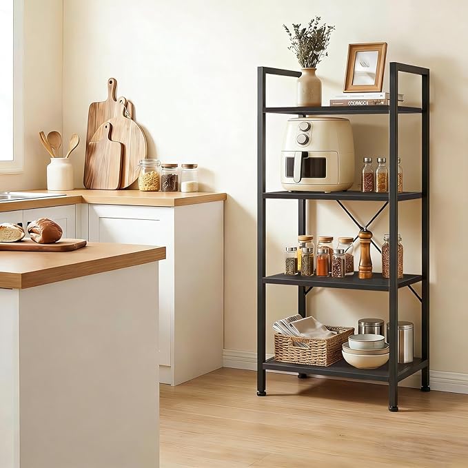 4 Tier Bookshelf, Free Standing Wooden Bookcase with Open Storage Shelves with Metal Frame, Sturdy Shelf Organization Display Rack for Living Room, Bedroom, Home Office, 39.4" Tall, Black