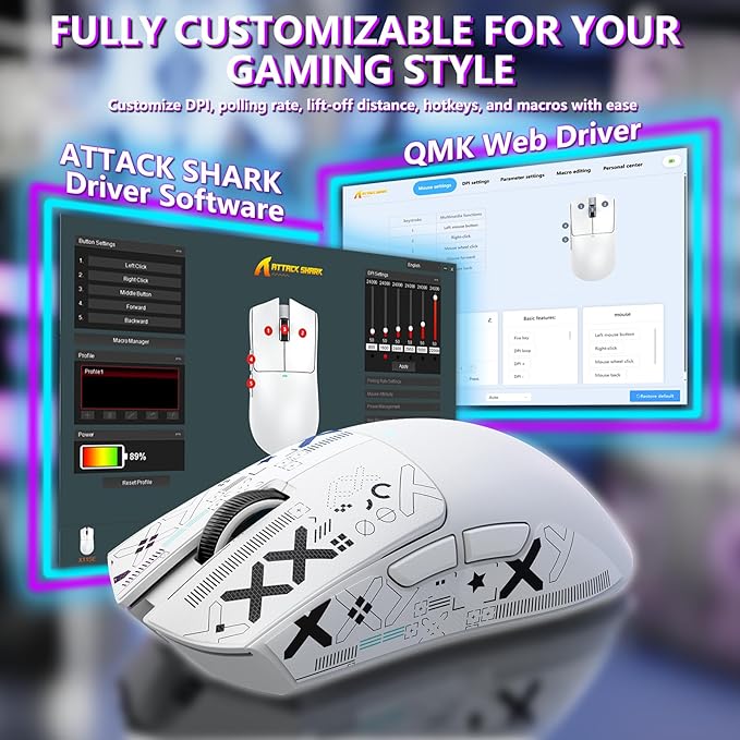 MAMBASNAKE Attack Shark X11SE Lightweight Wireless Gaming Mouse, Tri-Mode 2.4G/USB-C Wired/BT, 22K DPI, PAW3311 Optical Sensor, 59g, 5 Programmable Buttons, 300mAh Battery for PC/Mac((White-Griptape)
