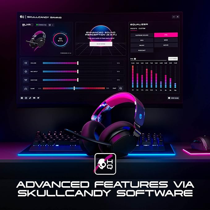 Skullcandy SLYR Pro Multi-Platform Over-Ear Wired Gaming Headset, Enhanced Sound Perception, AI Microphone, Works with Xbox Playstation and PC - Blue