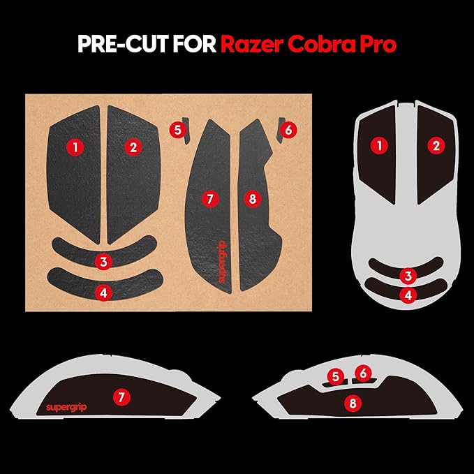 Pulsar Gaming Gears SUPERGRIP Griptape Set for Razer Cobra Pro Sweat Absorbing High Performance Anti Slip 3M Adhesive no Residue Mouse Grip Tape Ultra-Thin 0.5mm (0.02in)