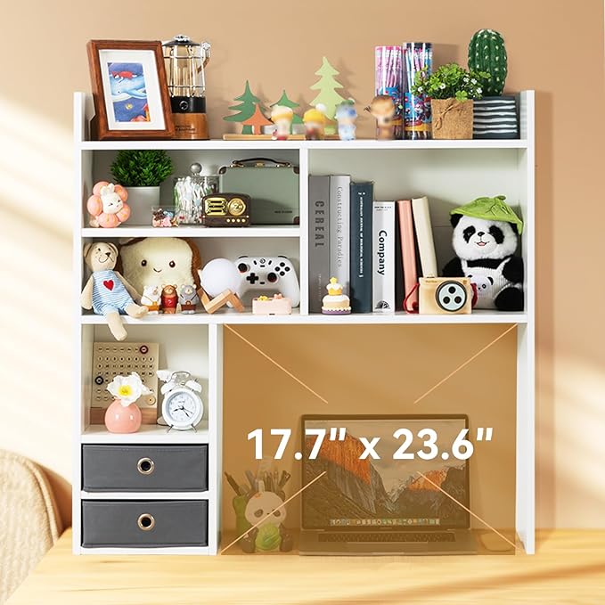 deli Desktop Bookshelf, High-Capacity Desk Hutch Organizer with 7 Shelves and 2 Drawers for Computer Desk, Desk Shelf Organizer for Dorm Office Home, White
