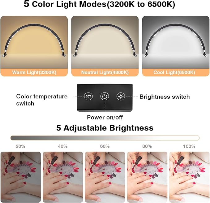 Mznoo Nail Light for Desk, 30'' LED Half Moon Lamp for Nail Techs, Manicure and Handicraft, Adjustable Color Modes and Brightness, with Phone Holder (Black)