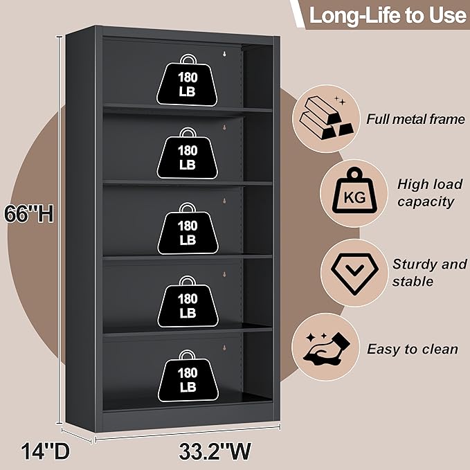 Metal Bookcase and Bookshelf, 66 in Tall Black Bookshelf with 4 Adjustable Storage Shelves, Large Deep Bookcase for Home, Library, Office, Bedroom, School