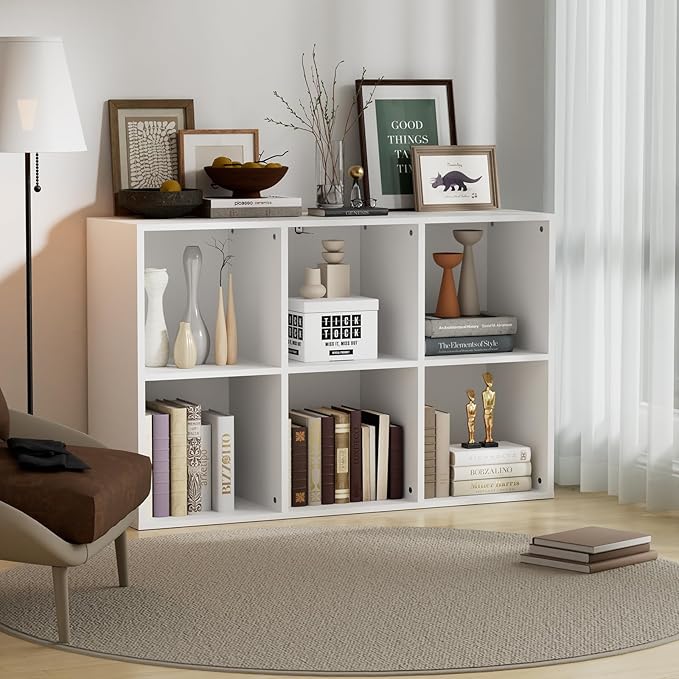 Wooden 6 Cube Storage Organizer with Closed Back Panel, Modern Open Cube Storage Shelf Bookshelf with Compartments, Cube Shelf Organizer for Living Room, Bedroom, Study Room (White)