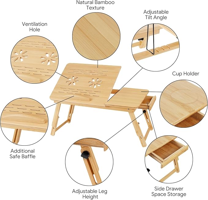 Bamboo Laptop Desk for Bed, Height & Angle Adjustable Foldable Lap Desk with Drawer & Cup Holder, Portable Bed Desk Table for Working, Reading, Writing or Breakfast on Sofa, Couch or Floor
