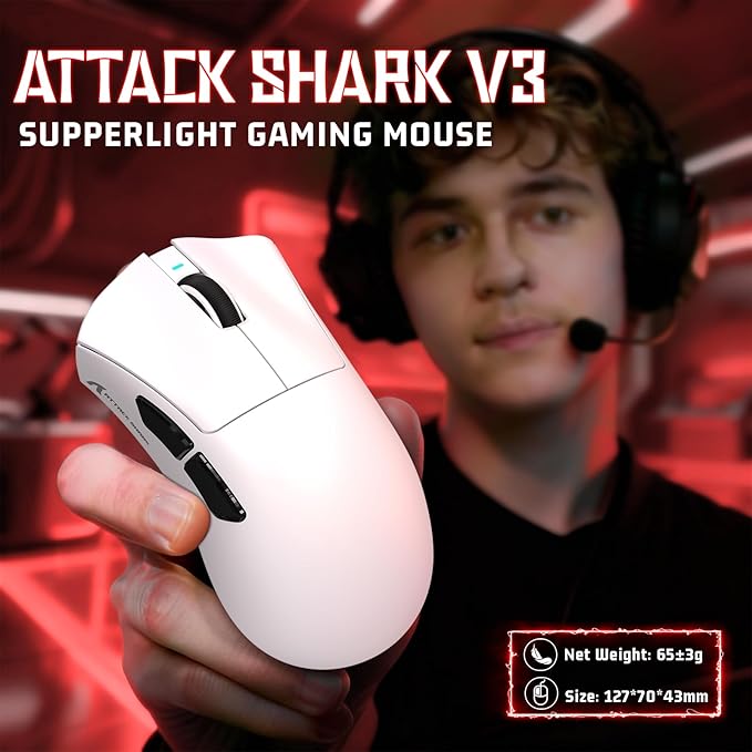 ATTACK SHARK V3 Ultra-Light Wireless Gaming Mouse,PAW3311 Sensor, 500mAh, 62g, 25KDPI 2.4G/BT/USB-C Rechargeable Wireless Mouse with 5 Programmable Buttons for Laptop,PC,Mac Gamer (White)