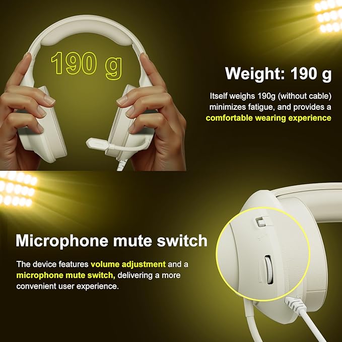 Gaming Headset for PS5 PS4 PC, Wired Headsets with 7.1 Surround Sound, H-7 Gaming Over Ear Headphones with Noise Cancelling Flexible Mic Memory Earmuffs, for PC/PS5/PS4/XboxSeries X/S/Switch (White)