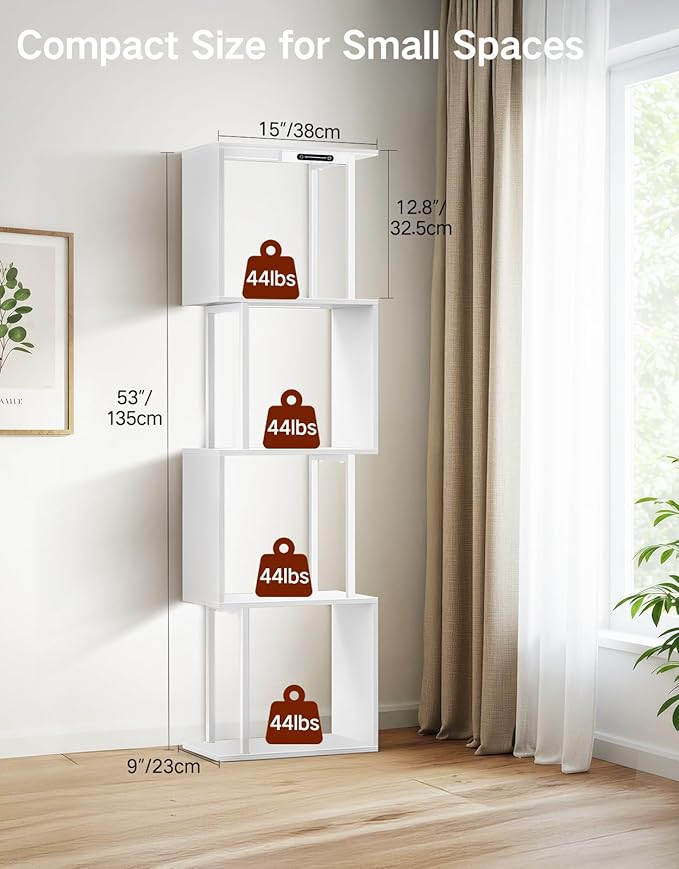 5 Tier S-Shaped Geometric Bookshelf with LED Light, 3 Color Temperatures, Touch & Remote Control, Dimmable Standing Bookcase, Small Display Shelf for Living Room, Bedroom, Office(White)