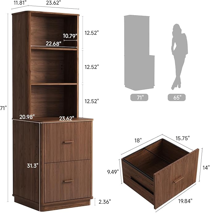 ONBRILL 71" Tall Fluted Bookcase with 2 File Drawers, Curved Design Display Bookshelf with Storage, Mid-Century Modern 3 Tier Bookcase with Sturdy Pedestal for Home Office, Living Room, Walnut