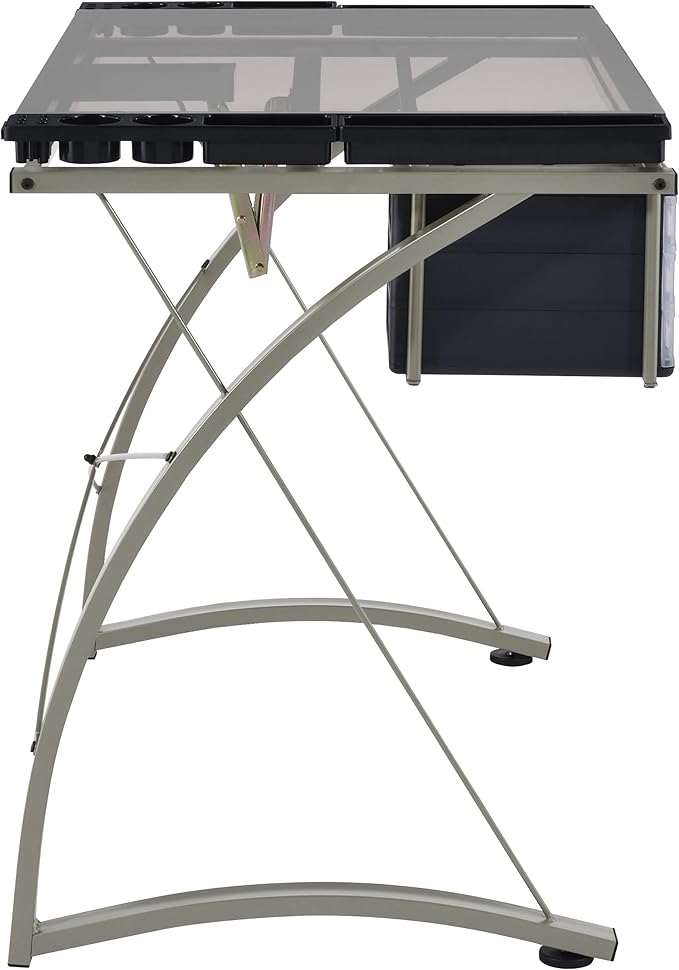 Coaster Home Furnishings - Melo - Metal and Glass - 41-Inch Drafting Table with Adjustable Pitch, Three Drawers, Retractable Pencil Ledge and Storage Compartments - Home Office - Silver - 800986
