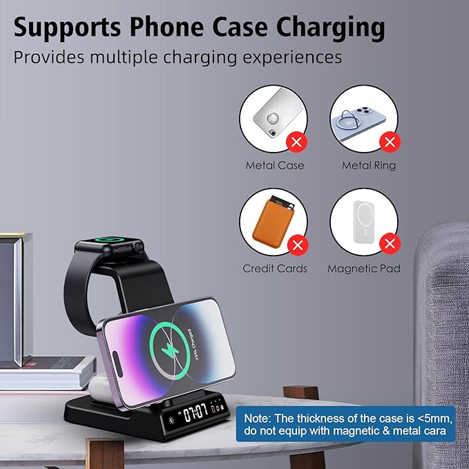 Wireless Charging Station, YiJYi 3 in 1 Watch Charger Stand with Digital Clock Suitable for iWatch SE/6/5/4/3/2/1,AirPods Pro, for iPhone 16/15/14/13/12/11 Pro Max/XS/XR/X/8/Samsung S23/S22/S21