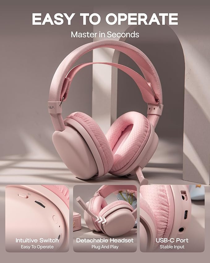 MechLands Aula G7 Wireless Gaming Headset for PS4/PS5/PC/Switch, Over-Ear Headphones with Detachable Noise Canceling Mic, RGB, Surround Sound, 60H Battery, 2.4GHz/BT/Wired (Pink)