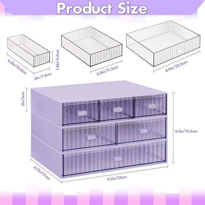 3 Tier Stackable Desk Organizer with 6 Drawers, Plastic Desktop Storage Box Drawers, Detachable Makeup Storage Office Stationery Supplies Organizer for Office School(Purple)