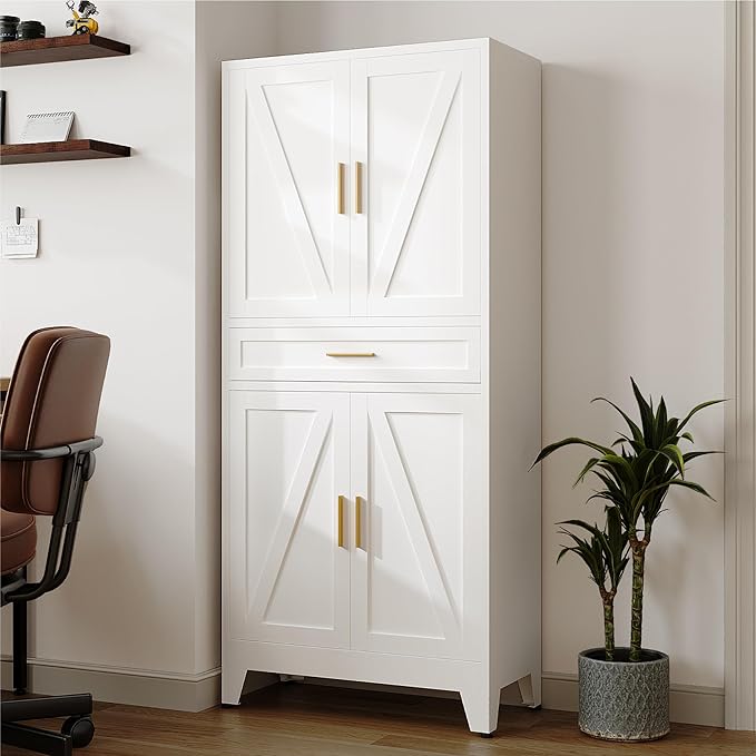 Washsemba 71 "Farmhouse Metal Filing Cabinet with a Drawer and 4 Adjustable Shelves, with 4 Large barn Door White Kitchen Cabinets, Metal Food Cabinets for Home, Kitchen, Dining/Living Room (White)
