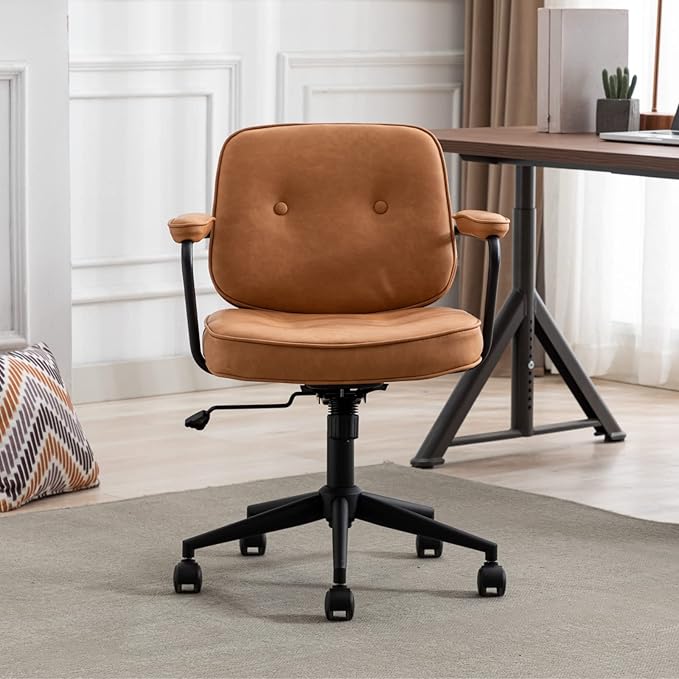 HEAH-YO Modern Armless Desk Chairs Set of 1, Swivel Computer Task Chair with Wheels and Armrests, PU Leather Adjustable Office Chair with Backrest for Home Base, Light Brown