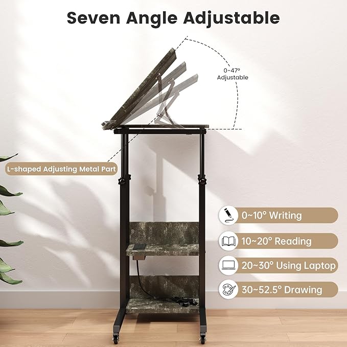 Hadulcet Adjustable C Table with Charging Station, Tiltable Desk C Shaped End Table for Couch, Over Bed Table with Wheels Adjustable Height, Laptop Stand Drawing Desk, Marble Grey