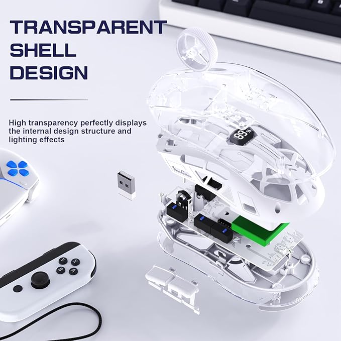 FREEWOLF A2 Transparent Wireless Gaming Mouse,Dual Mode BT 5.0/2.4G PC Gaming Mice,PixArt 3212 5 Adjustable DPI,Rechargeable Silent Mouse with Digital Screen,RGB Backlight Mouse for Win/Mac(White)