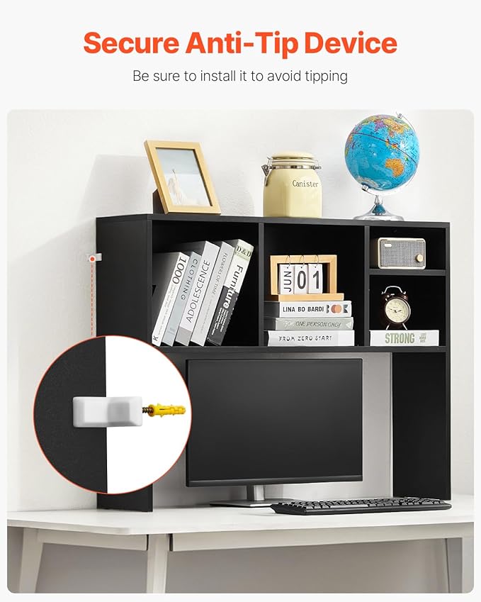 VEVOR Desktop Bookshelf, Storage Organizer with 5 Shelves for Computer Desk, Wooden Shelf Desk Hutch with Anti-Slip Feet Pads, Desk Top Display Rack for Office, Home & Dorm, Black