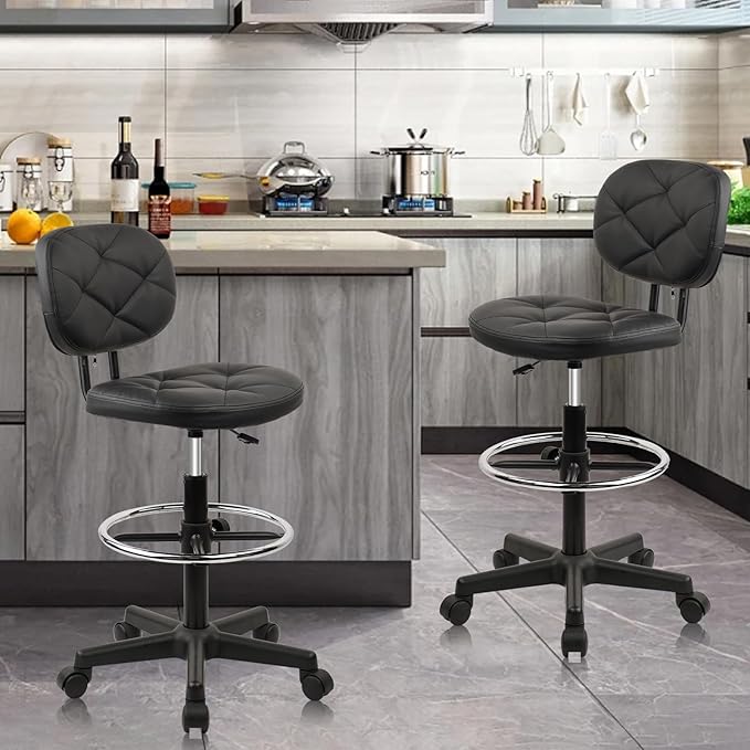 KLASIKA PU Leather Rolling Bar Stool with Wheels and Back, Tall Drafting Stool with Adjustable Height and Footrest, Multi-Purpose Office Desk Chair for Home Kitchen Shop Work, Black (1PK)