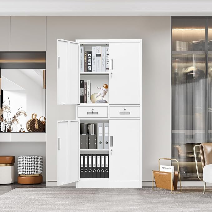 71" H Tall Metal Storage Cabinet with 2 Drawers, Metal Garage Storage Cabinet with Lock and 2 Adjustable Shelves for Home, Office, Garage, Warehouse Organize, White