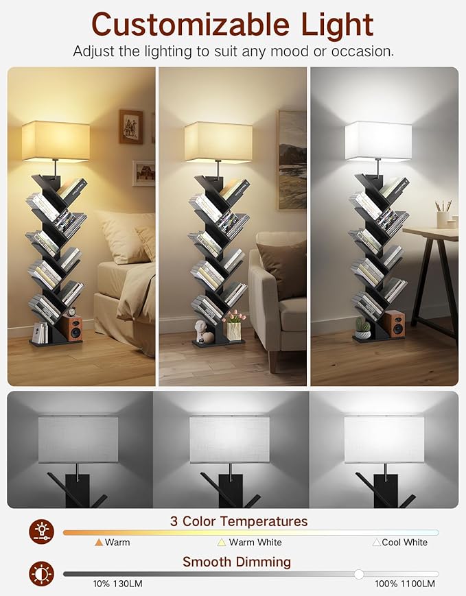 9 Tier Tree Bookshelf with Light, Remote & Timer, Dimmable Tall Floor Book Shelf, Narrow Wood Bookcase, Small Book Organizer Shelves for Living Room, Bedroom, Home Office (Black)