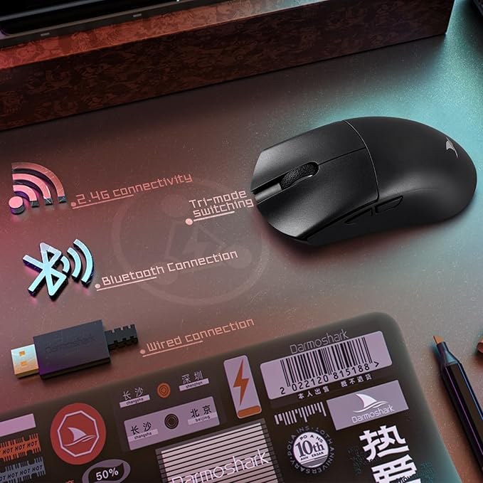 Darmoshark M3 8K Wireless Gaming Mouse,Tri-Mode 2.4G/USB-C/Bluetooth Mouse Up to 26000DPI,PAW3395 Optical Sensor Lightweight 59g,5 programmable Button 500MAh Battery Life,Computer Mouse for Laptop
