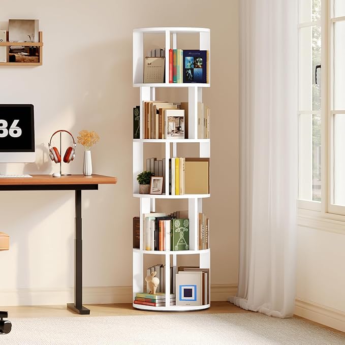 MAHANCRIS 5-Tier Rotating Bookshelf, 360° Spinning Bookshelf Tower, Floor Standing Round Revolving Bookcase, Display Rack for Books, CDs, for Living Room, Study, Bedroom, White BKWT6501