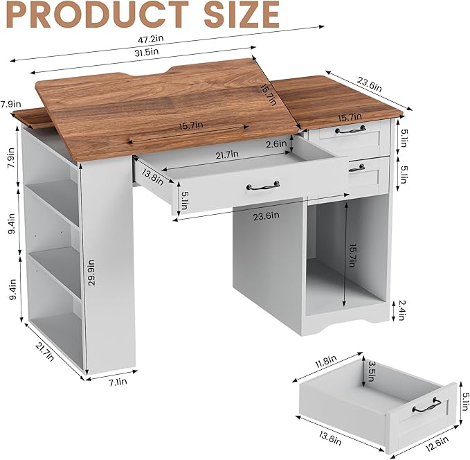 Crafting Table with Storage Cabinet & Drawers, Adjustable Drafting Table with Open Shelves, Drawing Computer Desk, Painting Desk, Workstation for Home Office Reading, Writing, Craftin