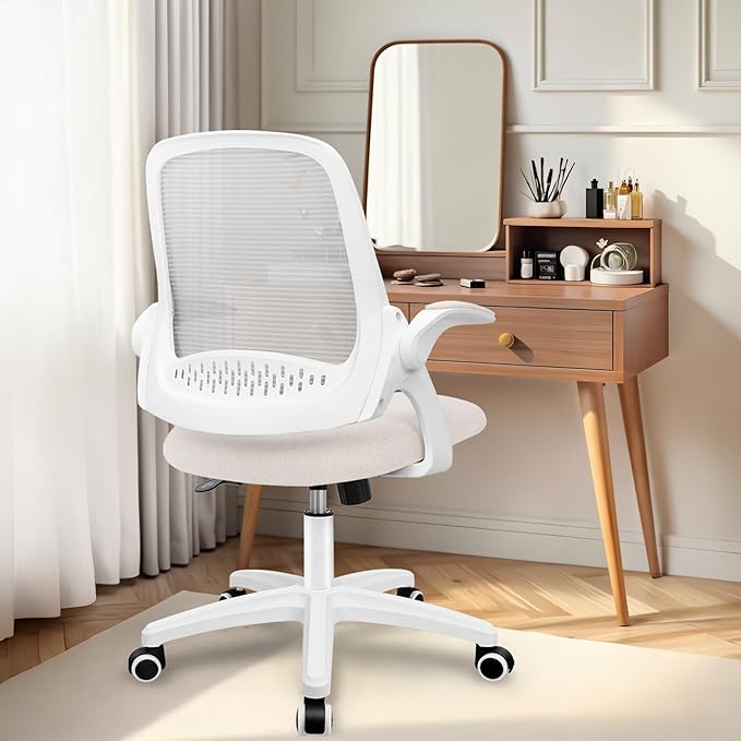 NEO Chair Office Desk Gaming Ergonomic Computer Chair with Lumbar Back Support Adjustable Height Swivel Rolling Wheels Flip-up Arms Mesh Chair for Home Vanity (Ivory)