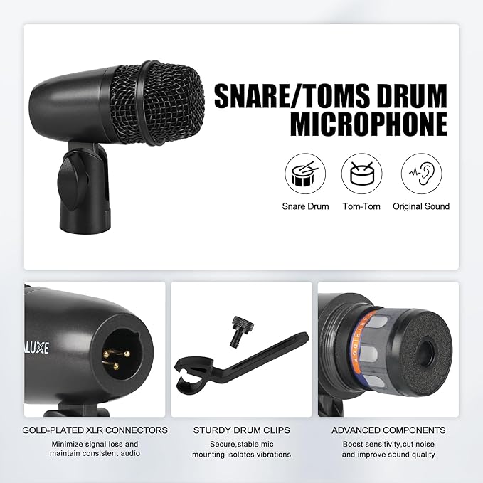 Drum Mic Kit, 7-Piece Wired Dynamic Drum Microphone Set with Carry Case,Thread Clip & Mics Holder, Full Metal Bass/Tom/Snare/Hi-hat Cymbals Mics for Instrument Recording & Music Production
