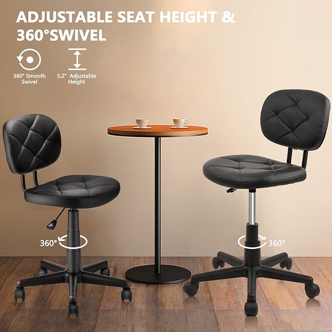 KLASIKA Leather Rolling Stools with Back Support and Wheels Adjustable Height Leather Swivel Salon Stool Chair for Office Massage Facial Medical Drafting Beauty Lab Doctor Tattoo, Black, 2 Pack