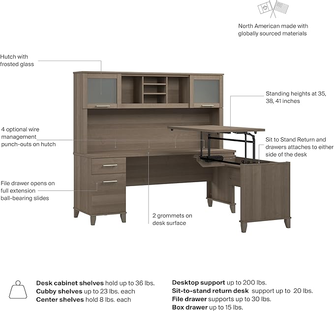 Bush Home Somerset 72W 3 Position Sit to Stand L Shaped Desk with Hutch in Ash Gray | Adjustable Height Table for Home Office