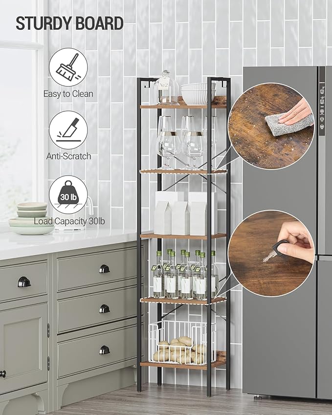 Hzuaneri Bookshelf, Book Shelf, Industrial Bookcase with 2 Hooks, Coner Shelf Storage Organizer for Home Office, Living Room, Bedroom, Kitchen, 5-Tier Rustic Brown BC10501B
