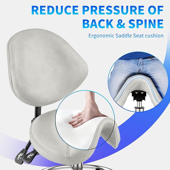 Saddle Chair with Back Support - Tilted Backrest, Adjustable Foot Rest, 350 LBS Capacity Ergonomic, 360° Swivel Drafting Chair for Salon,Spa, Massage, Tattoo, Facial lash, Home, Dentist（Grey）