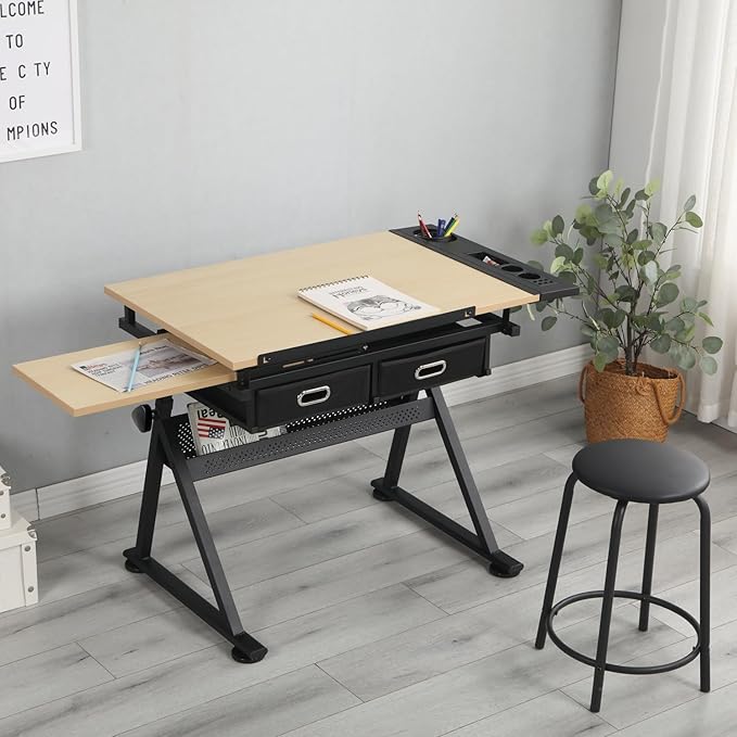 Drafting Table, Height Adjustable Drawing Table Art Table with Stool, 0-75° Tilted Tabletop Artist Desk Painting Table with Storage for Home Office School, Type 4-Brown