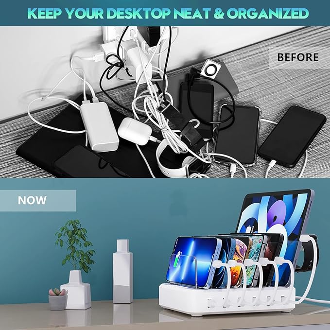 Charging Station for Multiple Devices,60W 6 Port Charger Station with 7 Mixed Charging Cables,USB Charging Dock,Compatible with Cellphone,Tablet, Kindle, iPhone iPad and More (White)