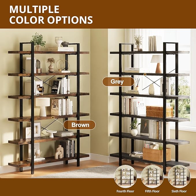 FURSUN Heavy Duty 4 Tier Bookcase, 55-in Tall Industrial Modern Large Bookshelf, Wood Farmhouse Bookcases Book Shelves and Metal Frame for Office, Bedroom, Living Room, Brown