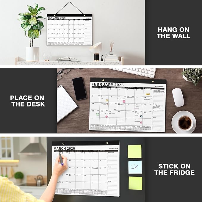 Ospelelf 2026-2027 Calendar Magnetic Desk Wall Desktop Monthly Planner from January 2026 - June 2027 Large To Do Pad with Plastic Cover for Office 17" X 12" Black