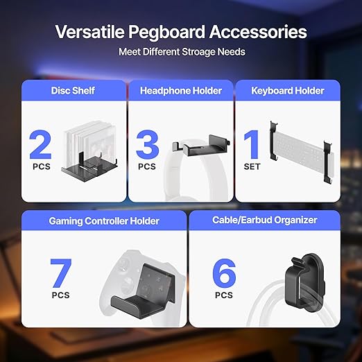 PEGZONE 14 PCS Controller and Headphone Holder Wall Mount, Modular Gaming Pegboard with Accessories, Video Game Storage, Disc Shelf, 14pcs Pegboard, Black & Red