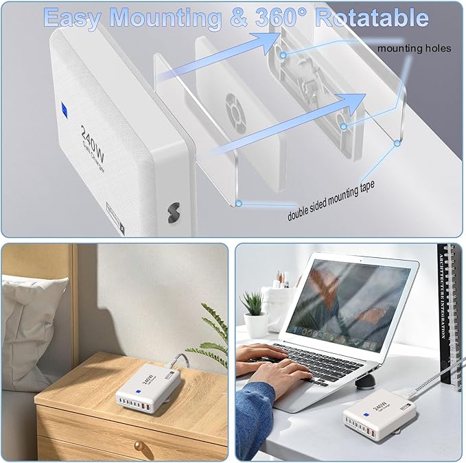USB C Charger Block 240W, 8-Port Charging Station for iPhone/Ipad/MacBook, 6C2A PD GaN Charger Box, USB Tower Hub with Flat Plug, Travel Essentials