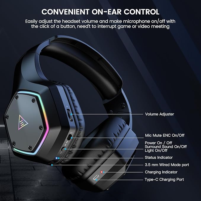 EKSA 2.4GHz Wireless Gaming Headset for PC, PS4, PS5, Gaming Headphones with Noise Cancelling Microphone, 7.1 Surround Sound, 36Hr Battery, RGB, 3.5mm Wired Computer Headset