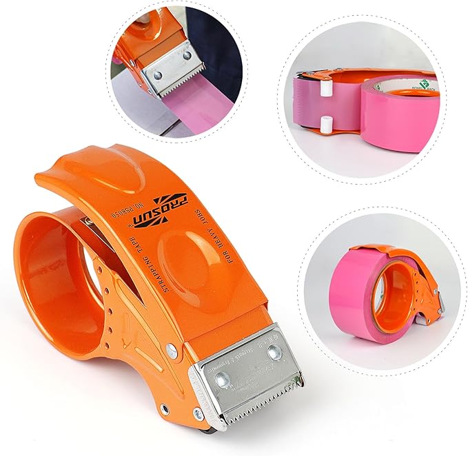 BOMEI PACK Metal Packing Tape Dispenser, 2inch Heavy Duty Handheld Heavy Duty Tape Holder, 4Pcs, Orange + Blue