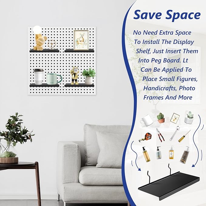 PEKGRIL 10x4.3 Inch Pegboard Shelves Set of 6, Metal Peg Board Shelves Accessories, Flat Display Shelves for Pegboard, Metal Retail Display for Storage and Organization, Black