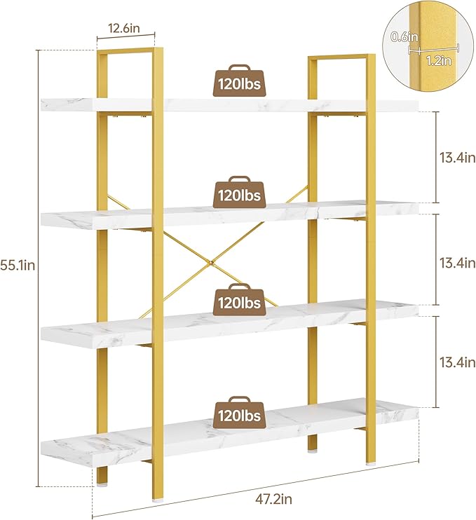 OtterOasis Bookshelf Set of 2, Heavy Duty 4-Tier Industrial Bookcase, 47" Wide Wood Bookshelf for Home Office, 120lbs Shelf Capacity, Open Display with Horizontal Shelf for Living Room Bedroom, White