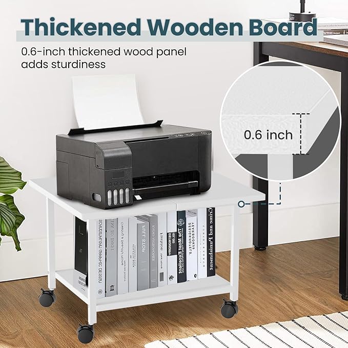 SwaaVee Printer Stand with Storage Under Desk Shelf, Desktop Printer Stand Organizer, Rolling Printer Cart Storage Paper Files Holder for Desk, Office, Home, (White)