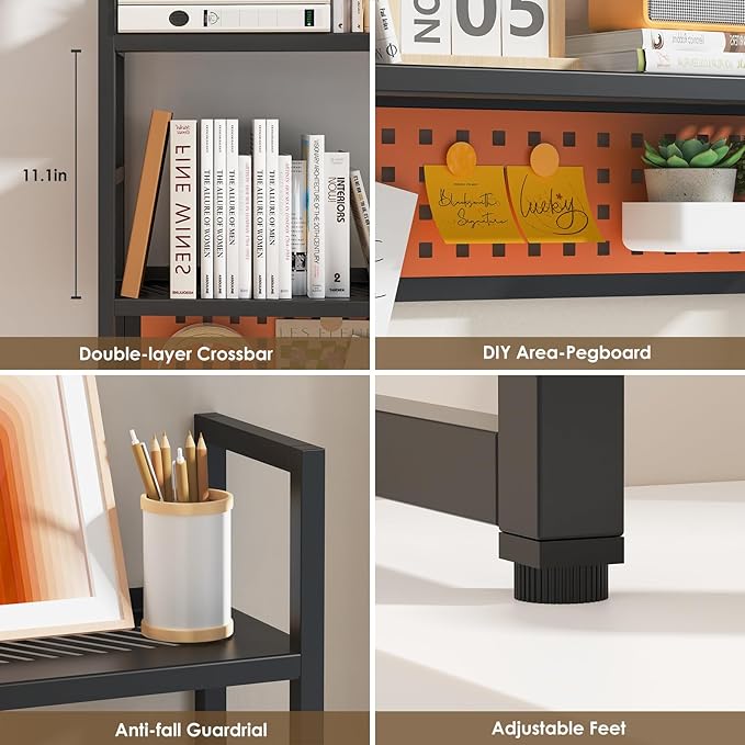 Brakki Desk Shelf, 35.43" Desk Hutch Bookshelf, Desktop Shelf with Pegboard for Computer Monitor, Metal Desktop Hutch Storage Organizer for Dorm Home Office, 2 Tier Bookcase, Black