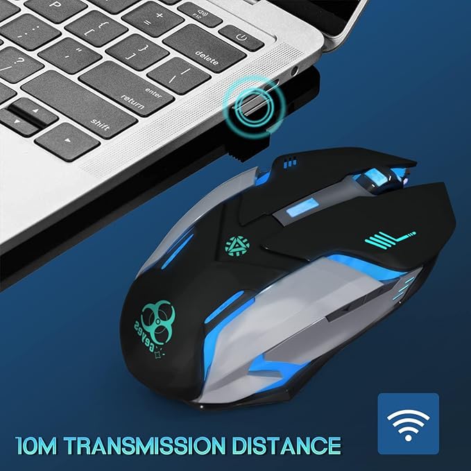 VEGCOO Wireless Gaming Mouse, C8 Silent Click Wireless Rechargeable Mouse with Colorful LED Lights and 3 Level DPI 400mah Lithium Battery for Laptop and Computer (Black)