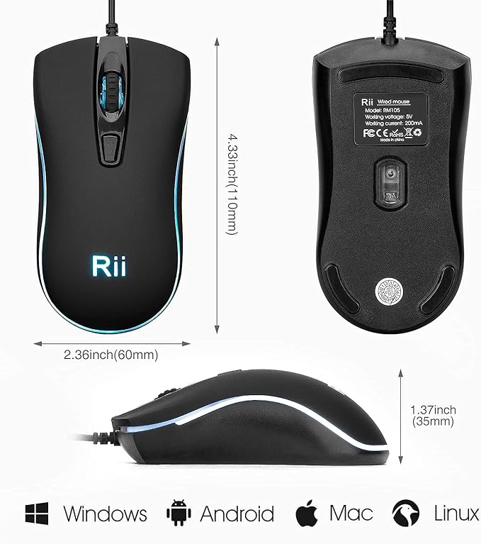 Rii RM105 Wired Mouse,Computer Mouse with Colorful RGB Backlight,Comfortable Grip Ergonomic Optical,USB Wired Mice Support Windows PC, Laptop,Desktop,Notebook,Chromebook